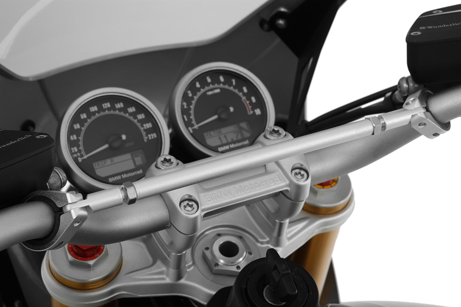 Silver-colored handlebar center strut for the BMW R 12 (+R nineT) made of aluminum