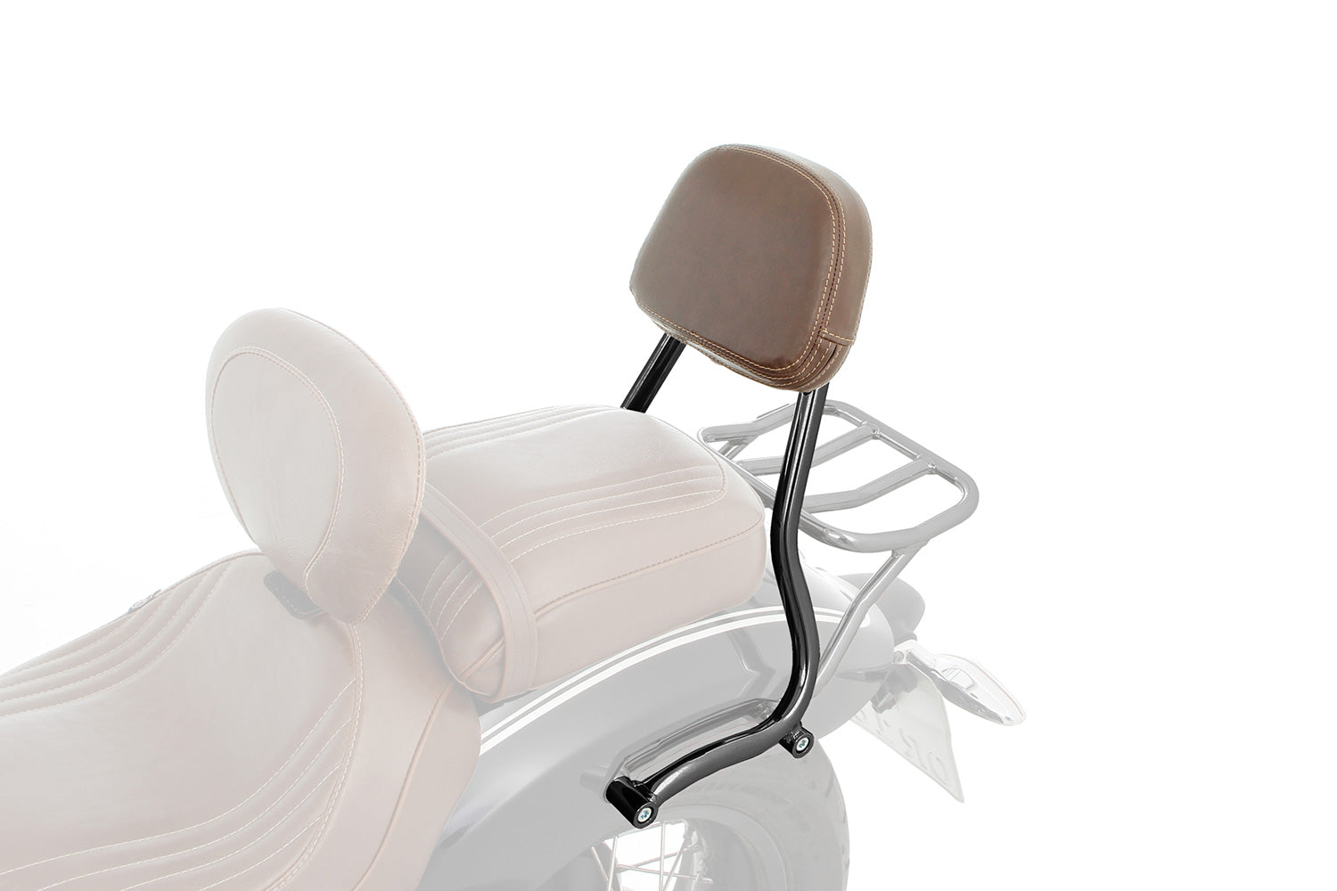 The structure of the sissy bar is black powder-coated and finished with clear lacquer to match the frame