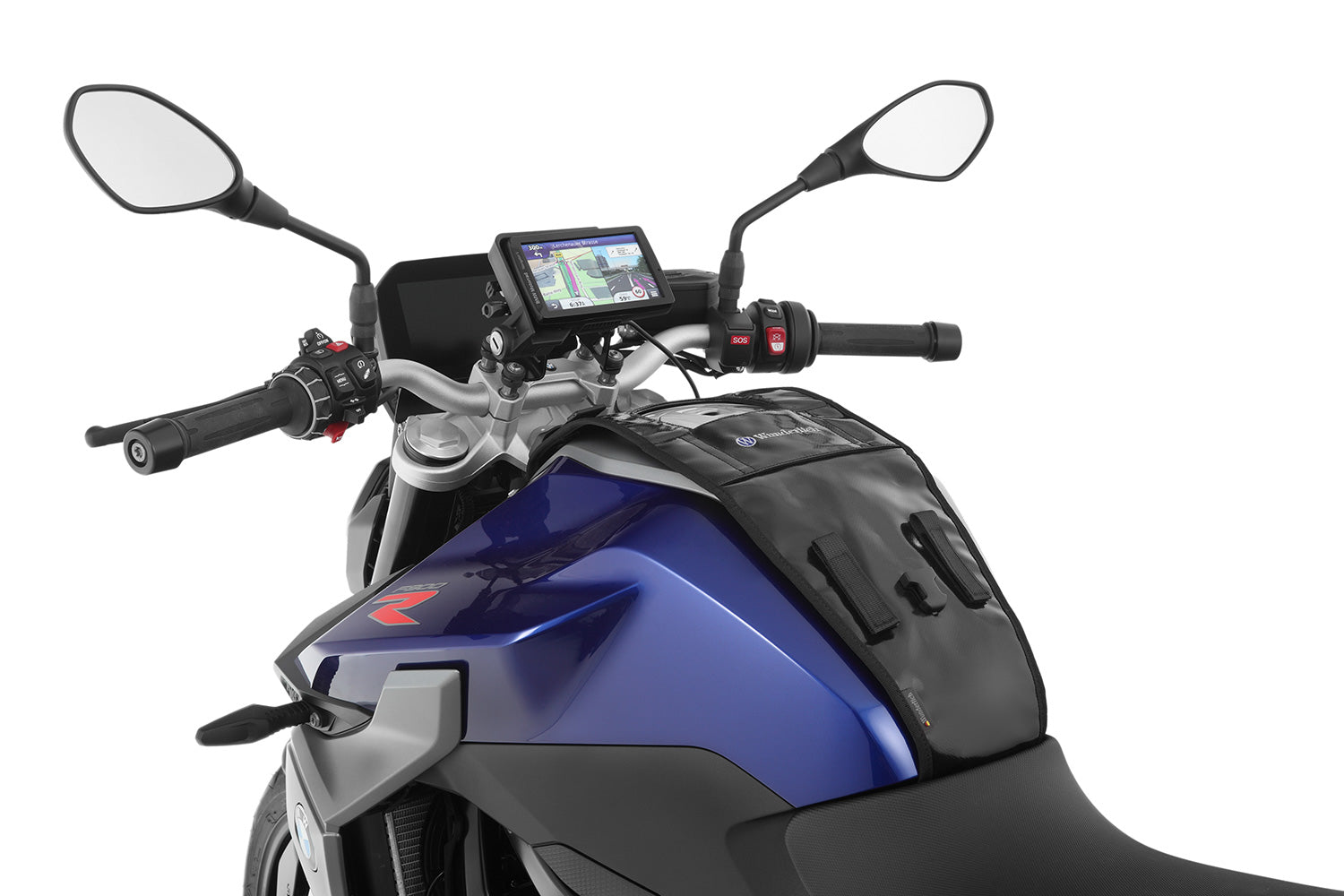 The mounting system is attached to the vehicle with minimal hand pressure and the tank bag can be quickly fastened to it. 