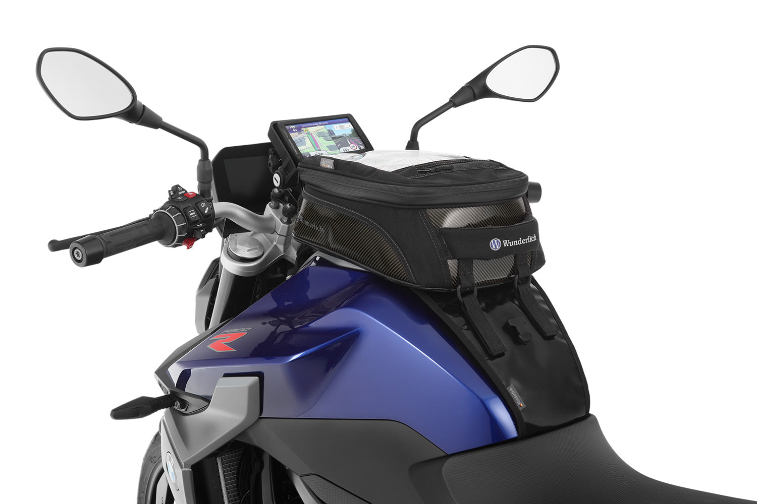 The mounting system is attached to the vehicle with minimal hand pressure and the tank bag can be quickly fastened to it. 