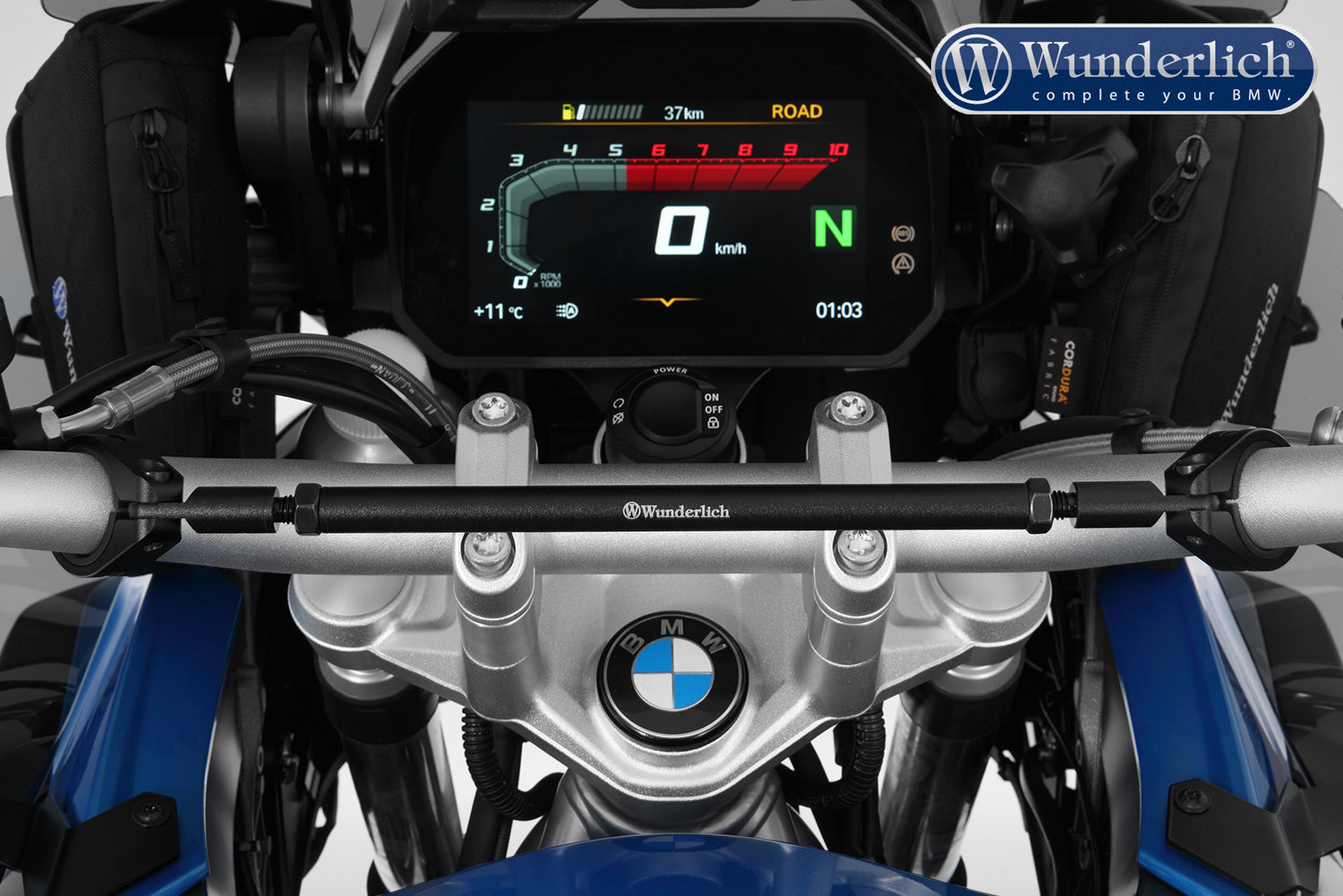 This high-quality black handlebar central support from Wunderlich made of aluminium is 300 mm long with a diameter of 12 mm.