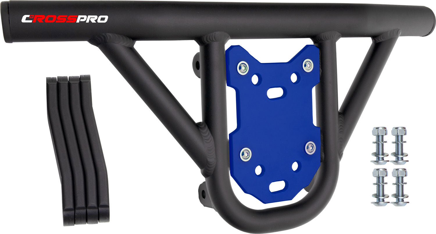 Crosspro - Front Bumper Hat For Arctic Cat 400 DVX, Honda TRX 400, TRX 450, Honda TRX 400, Kawasaki KFX 400, Suzuki LT-Z 400-Textured Black Tube / Blue Plate