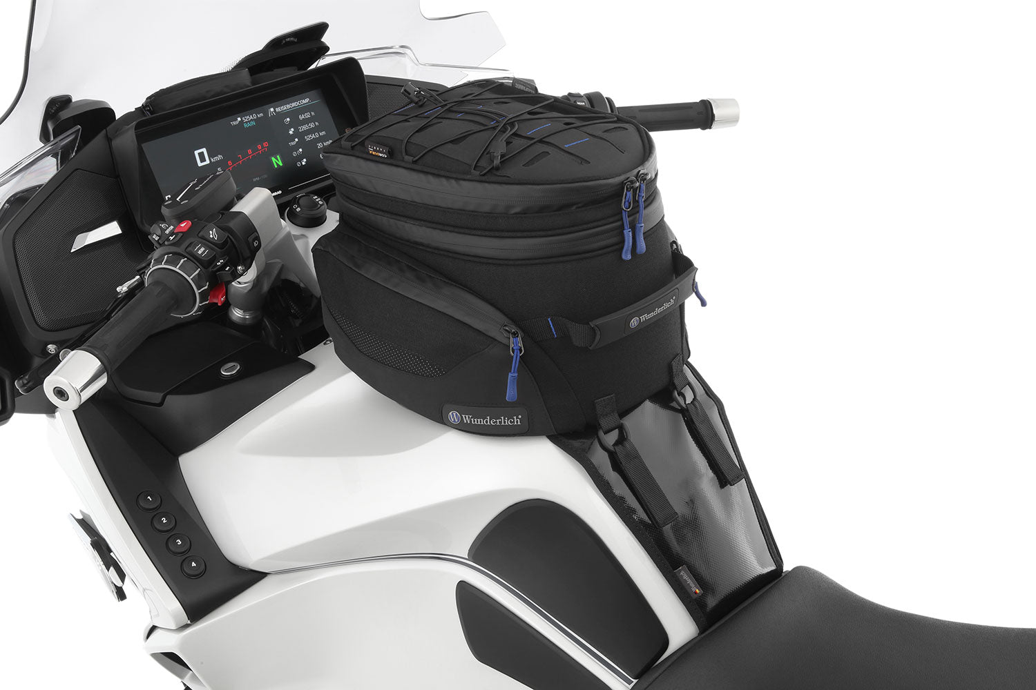 The mounting system is attached to the vehicle with minimal hand pressure and the tank bag can be quickly fastened to it. 