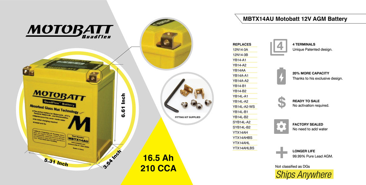Motobatt - Quadflex 12V AGM Battery (MBTX14AU)