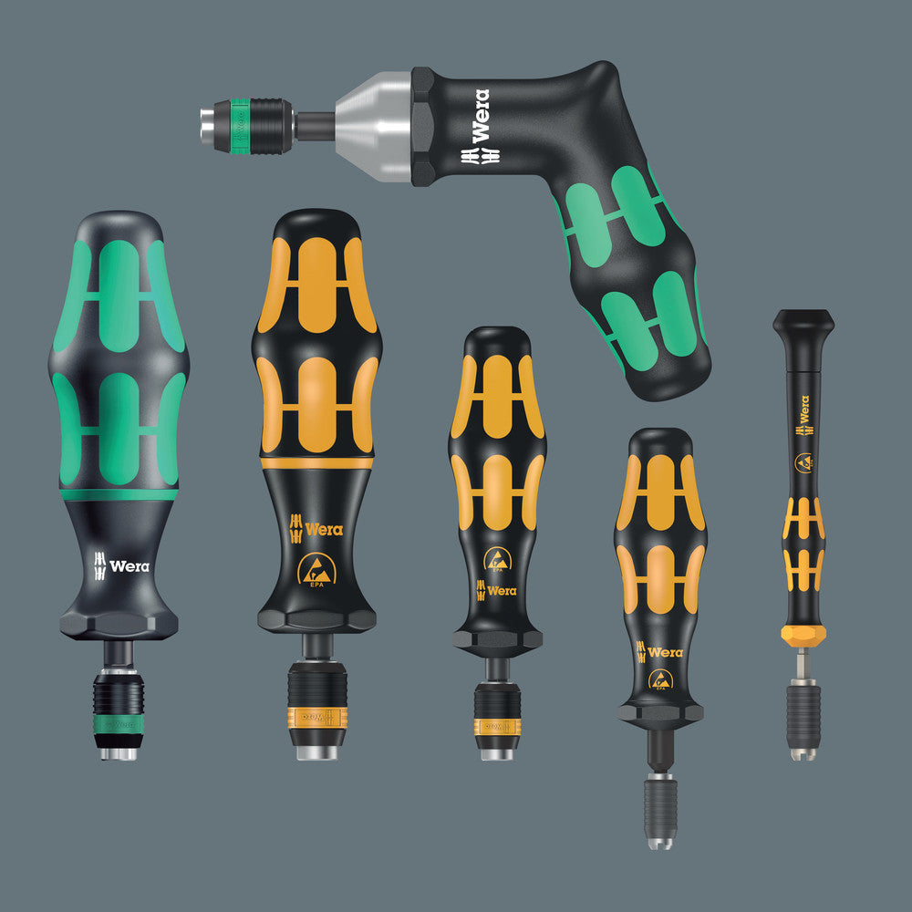 Wera Tools - 7400 ESD series Kraftform Torque screwdrivers, with factory pre-set value (0.1-1.5 Nm) and Rapidaptor quick-release chuck, handle size 105 mm
